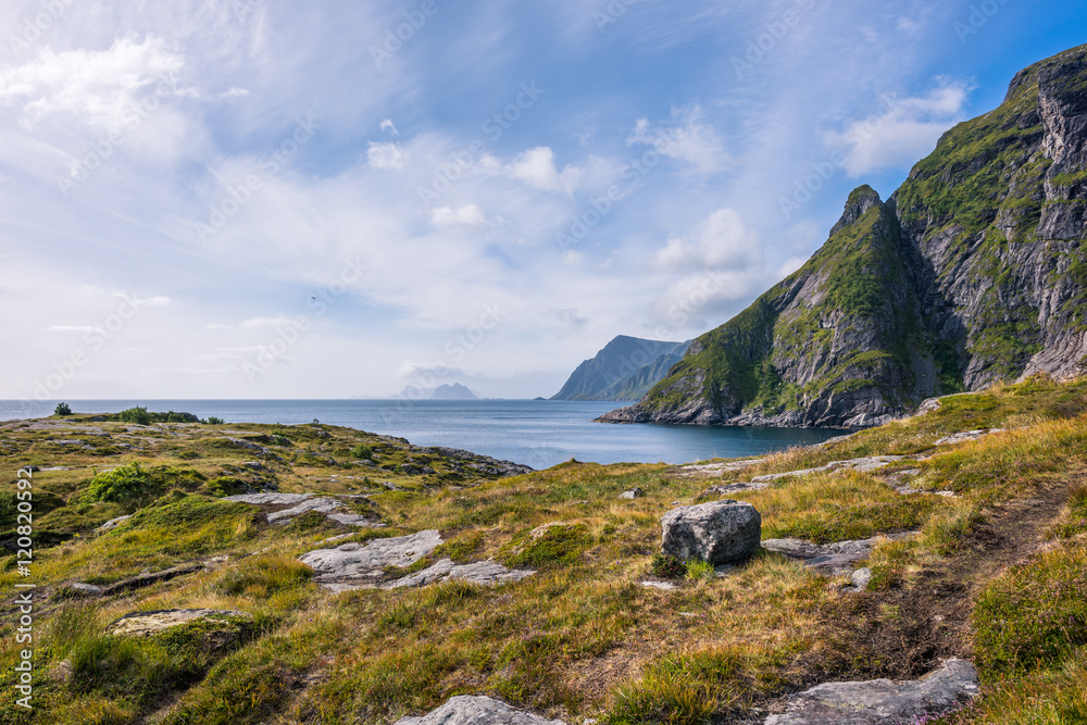 Colorful summer landscape with mountains and water in Norway.