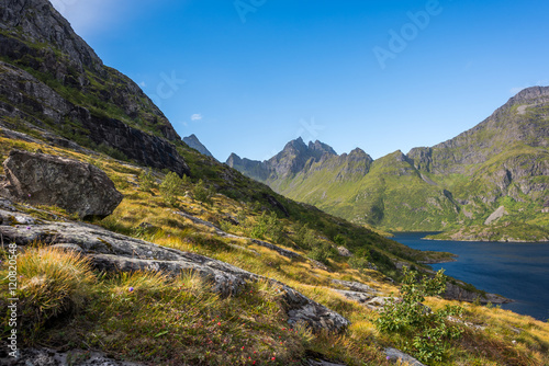 Colorful summer landscape with sharp mountain peaks in Norway.