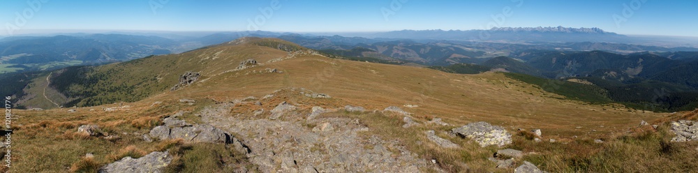 west panorama view from summit of Kralova hola in Nizke Tatry mountains in Slovakia