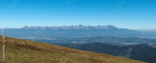 Vysoke Tatry mountains range from summit of Kralova hola in Nizke Tatry mountains in Slovakia