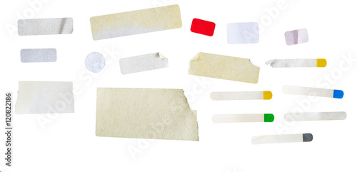 set of grungy adhesive stickers, price tags, isolated on white, free copy space