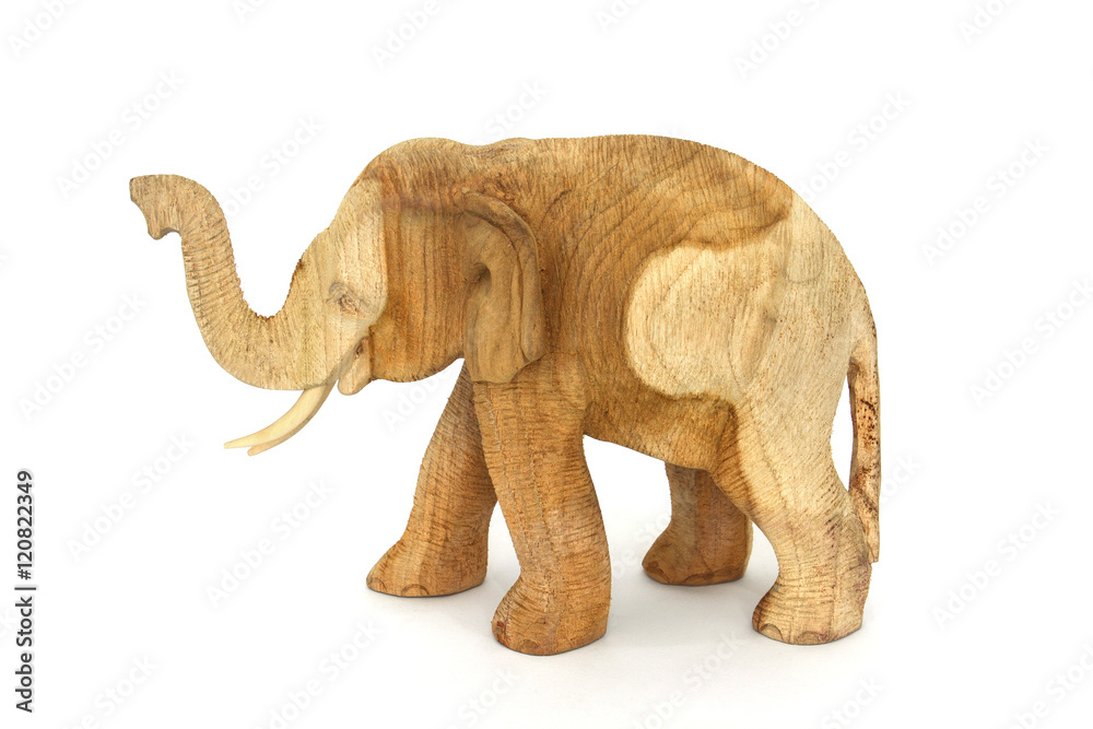 natural color teak wood elephant on white background