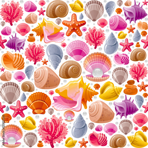 Seamless Sea travel icon set, underwater diving animal - seashell, scallop, mollusk shell and more marine shells icons. Vector illustration abstract templte . Elegant modern style, white background.
