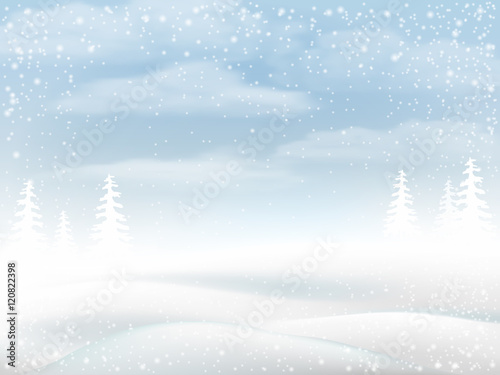Winter snowy rural landscape. Vector bakground for greeting card.