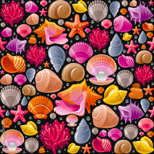 Seamless Sea travel icon set, underwater diving animal - seashell, scallop, mollusk shell and more marine shells icons. Vector illustration abstract templte . Elegant modern style, black background.