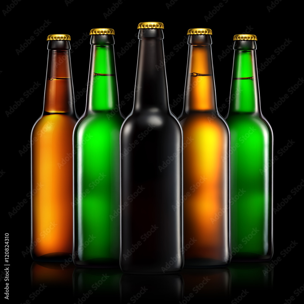 Set of beer bottles with clipping path isolated on black background Set of beer bottles with clipping path isolated on black background