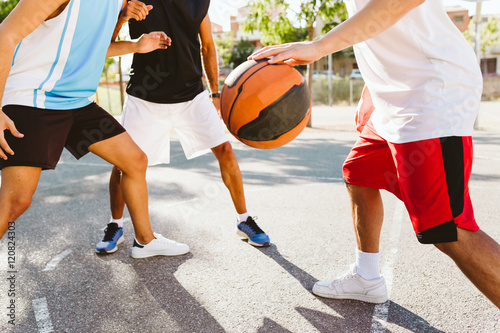 Portrait of group of friends playing basketball on court. © nenetus