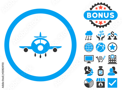 Aircraft icon with bonus elements. Vector illustration style is flat iconic bicolor symbols, blue and gray colors, white background.