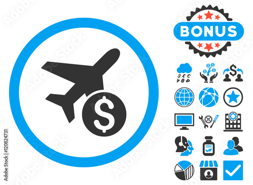 Airplane Price icon with bonus symbols. Vector illustration style is flat iconic bicolor symbols, blue and gray colors, white background.