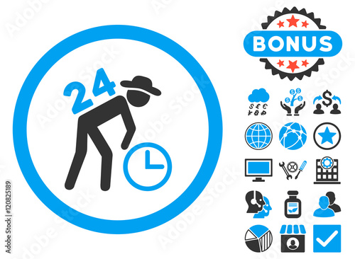 Around the Clock Work icon with bonus pictogram. Vector illustration style is flat iconic bicolor symbols, blue and gray colors, white background.