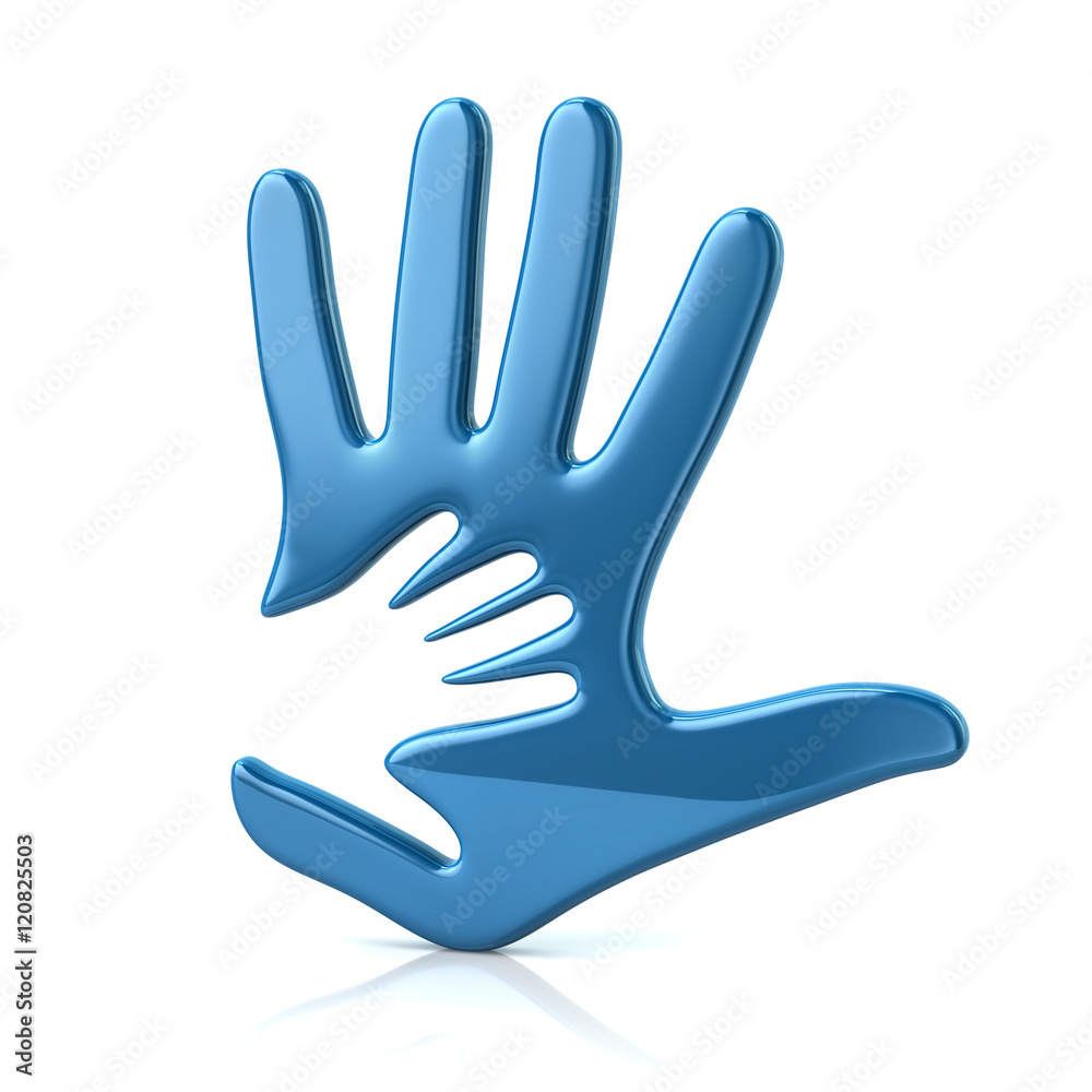 3d illustration of blue adult and kid hand 3d illustration of blue adult and kid hand