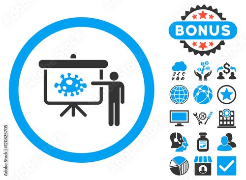 Bacteria Lecture icon with bonus images. Vector illustration style is flat iconic bicolor symbols, blue and gray colors, white background.