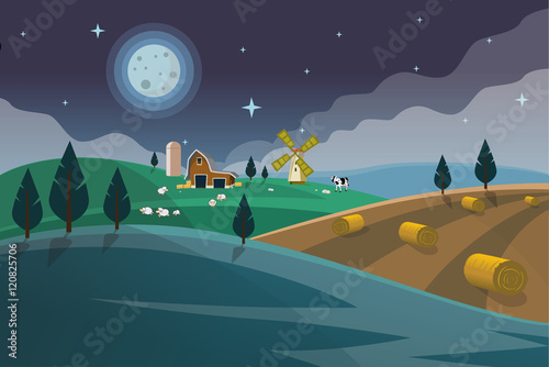 Farm field flat countryside night landscape. Organic food agriculture concept for any design. Farmland with farm house, hay bale, barn, mill, windmill, sheep, cow, Background vector illustration.