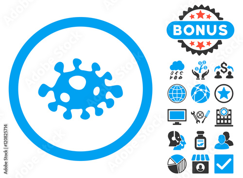 Bacteria icon with bonus symbols. Vector illustration style is flat iconic bicolor symbols, blue and gray colors, white background.
