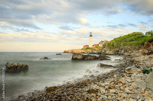 Long exposure at sunset at Portland Headlight in Cape Elizabeth, Maine.