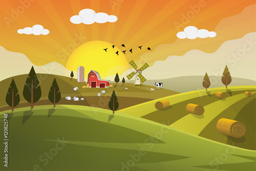 Farm field flat countryside autumn landscape. Organic food agriculture concept for any design. Farmland with farm house, hay bale, barn, mill, windmill, sheep, cow, Background vector illustration.