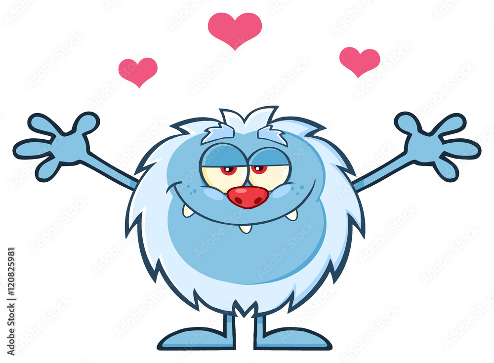 Smiling Little Yeti Cartoon Mascot Character With Open Arms For Hugging With Hearts. Illustration Isolated On White Background Smiling Little Yeti Cartoon Mascot Character With Open Arms For Hugging With Hearts. Illustration Isolated On White Background