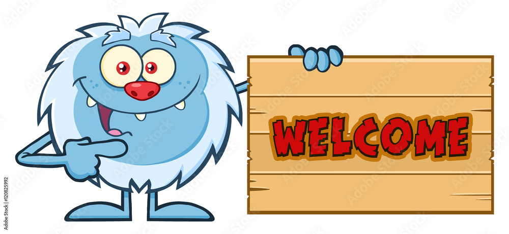 Cute Little Yeti Cartoon Mascot Character Pointing To A Welcome Wooden  Sign. Illustration Isolated On White Background Stock Vector | Adobe Stock
