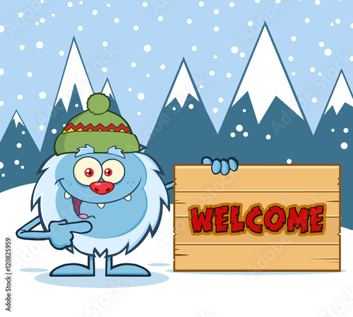 Cute Little Yeti Cartoon Mascot Character With Hat Pointing To A Welcome Wooden Sign. Illustration With Winter Background