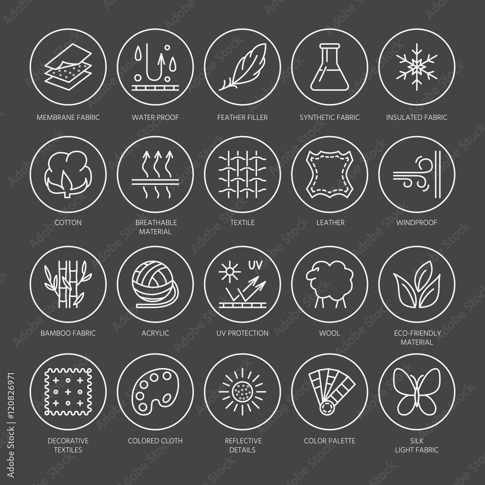 Vector line icons of fabric feature, garments property symbols. Elements - cotton, wool, waterproof, uv protection. Linear wear labels, textile industry pictograms with editable stroke for clothes. Vector line icons of fabric feature, garments property symbols. Elements - cotton, wool, waterproof, uv protection. Linear wear labels, textile industry pictograms with editable stroke for clothes.