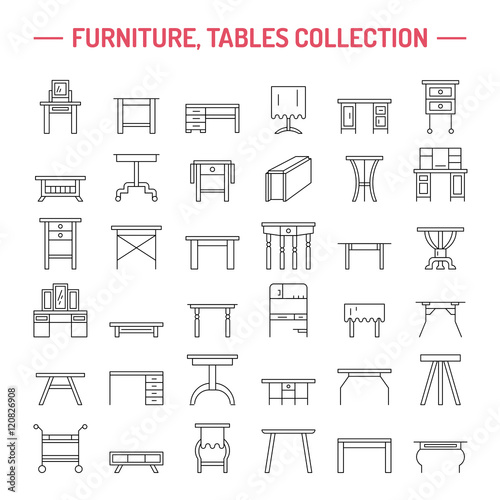 Vector furniture line icons, table symbols. silhouette of different table - dinner, writing, dressing table. Linear desk pictograms with editable stroke for furniture store, platen storage.