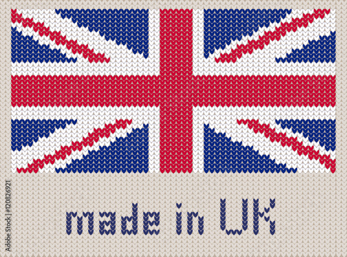Union Jack knitted pattern, UK flag. Modern vector ornament, wool knitted texture, banner of United Kingdom. Flat knitted standard, design element for sites. Hand made flag.