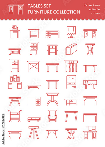 Vector furniture line icons, table symbols. silhouette of different table - dinner, writing, dressing table. Linear desk pictograms with editable stroke for furniture store, platen storage.