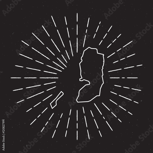 Palestine Vector Map Outline with Vintage Sunburst Border. Hand Drawn Map with Hipster Decoration Element. Radiant Light Rays around country Map on Black Background.