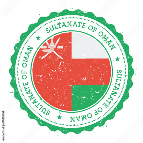 Grunge rubber stamp with Oman flag. Vintage travel stamp with circular text, stars and national flag inside it. Vector illustration.