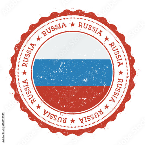 Grunge rubber stamp with Russian Federation flag. Vintage travel stamp with circular text, stars and national flag inside it. Vector illustration.
