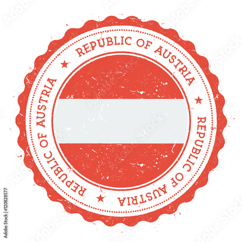 Grunge rubber stamp with Austria flag. Vintage travel stamp with circular text, stars and national flag inside it. Vector illustration.