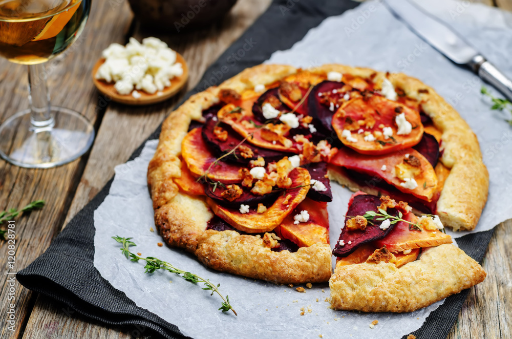 sweet potato beets galette with goat cheese and thyme