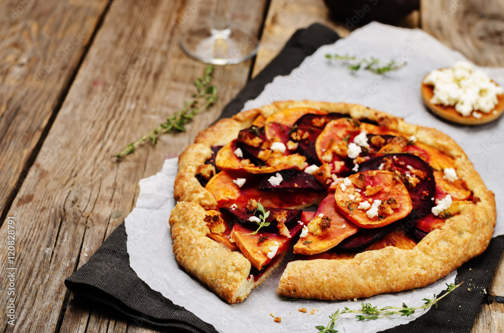 sweet potato beets galette with goat cheese and thyme