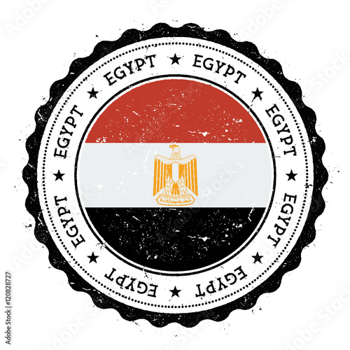 Grunge rubber stamp with Egypt flag. Vintage travel stamp with circular text, stars and national flag inside it. Vector illustration.
