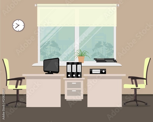 Workplace for two office workers. On the picture the tables, a white chairs, computer, folders and other objects in beige colors are situated on a window background. Vector flat illustration