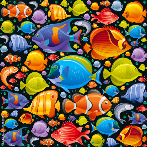 Seamless Sea travel icon set, underwater diving animal - tropical fish. Vector illustration abstract templte. Elegant modern style, black background. Butterfly, surgeon and more marine fishes icons