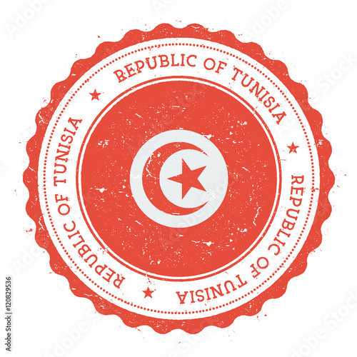 Grunge rubber stamp with Tunisia flag. Vintage travel stamp with circular text, stars and national flag inside it. Vector illustration.