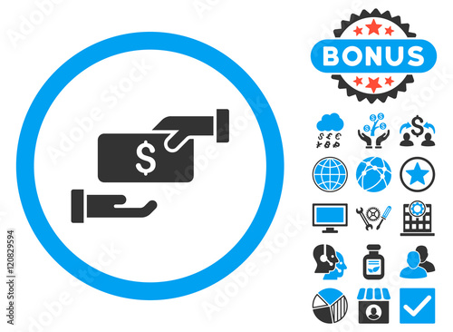 Bribe icon with bonus design elements. Vector illustration style is flat iconic bicolor symbols, blue and gray colors, white background.