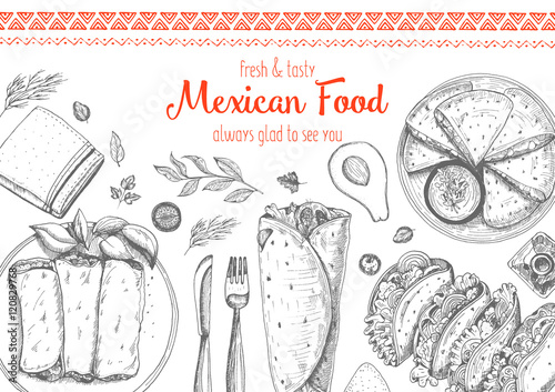 Mexican food frame. Mexican food vector illustration. Linear graphic style.