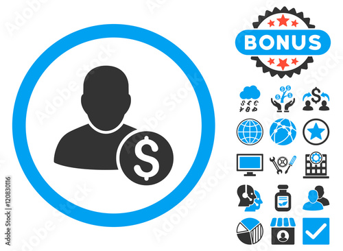 Businessman icon with bonus images. Vector illustration style is flat iconic bicolor symbols, blue and gray colors, white background.