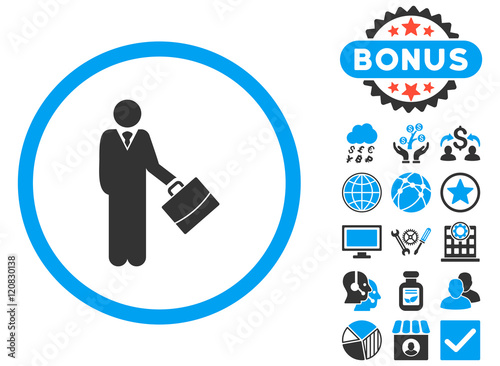 Businessman icon with bonus design elements. Vector illustration style is flat iconic bicolor symbols, blue and gray colors, white background.
