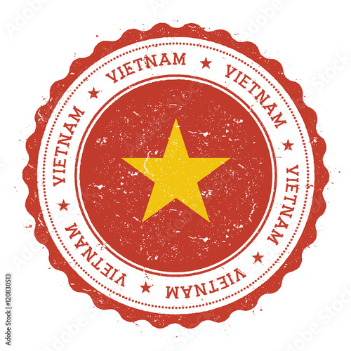 Grunge rubber stamp with Vietnam flag. Vintage travel stamp with circular text, stars and national flag inside it. Vector illustration.