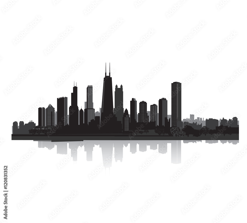 Fototapeta premium Sylwetka na tle nieba. Widok na miasto Chicago. Sylwetka pejzaż miejski. tło krajobrazu miejskiego