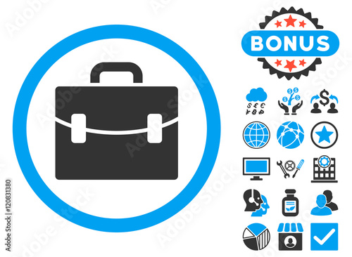 Case icon with bonus symbols. Vector illustration style is flat iconic bicolor symbols, blue and gray colors, white background.
