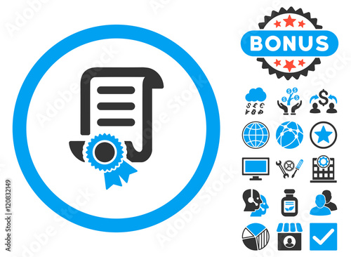Certified Scroll Document icon with bonus elements. Vector illustration style is flat iconic bicolor symbols, blue and gray colors, white background.
