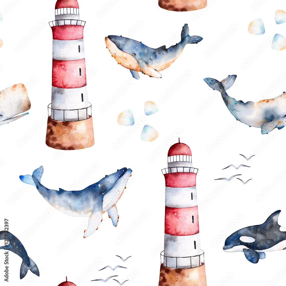 Fototapeta premium Seamless pattern with high quality handpainted watercolor whales,seashells and lighthouse in pastel colors.Perfect for your project,texture,blog,wallpaper,pattern,kids texture,gift paper, wrapping etc