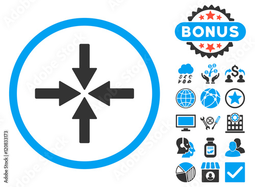 Collide Arrows icon with bonus pictures. Vector illustration style is flat iconic bicolor symbols, blue and gray colors, white background.