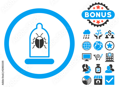 Condom Bug icon with bonus images. Vector illustration style is flat iconic bicolor symbols, blue and gray colors, white background.