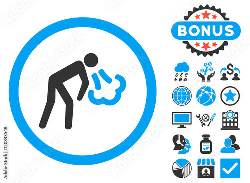 Cough icon with bonus elements. Vector illustration style is flat iconic bicolor symbols, blue and gray colors, white background.