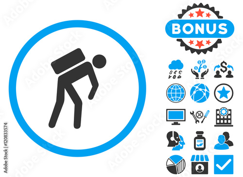 Courier icon with bonus elements. Vector illustration style is flat iconic bicolor symbols, blue and gray colors, white background.